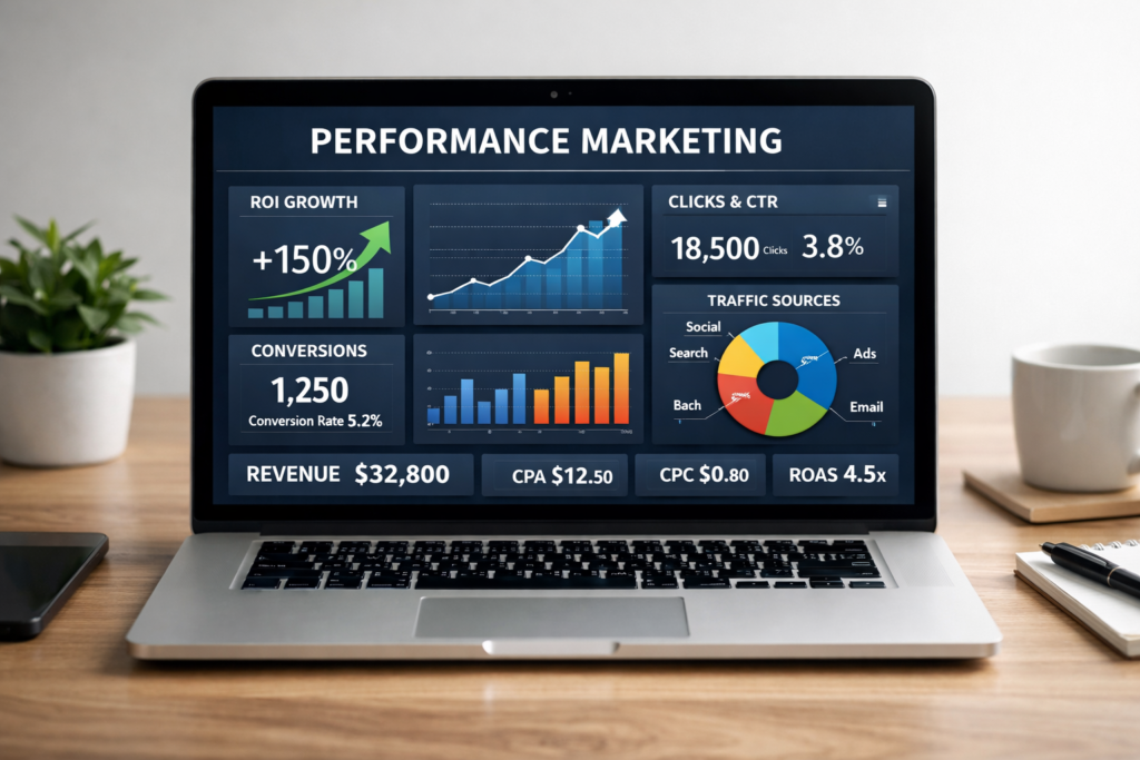 Performance marketing dashboard showing ROI, clicks, and conversion analytics