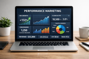 Performance marketing dashboard showing ROI, clicks, and conversion analytics