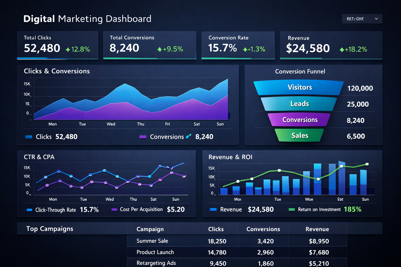 Performance marketing dashboard showing analytics and ROI