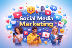 Social media marketing with people and engagement icons